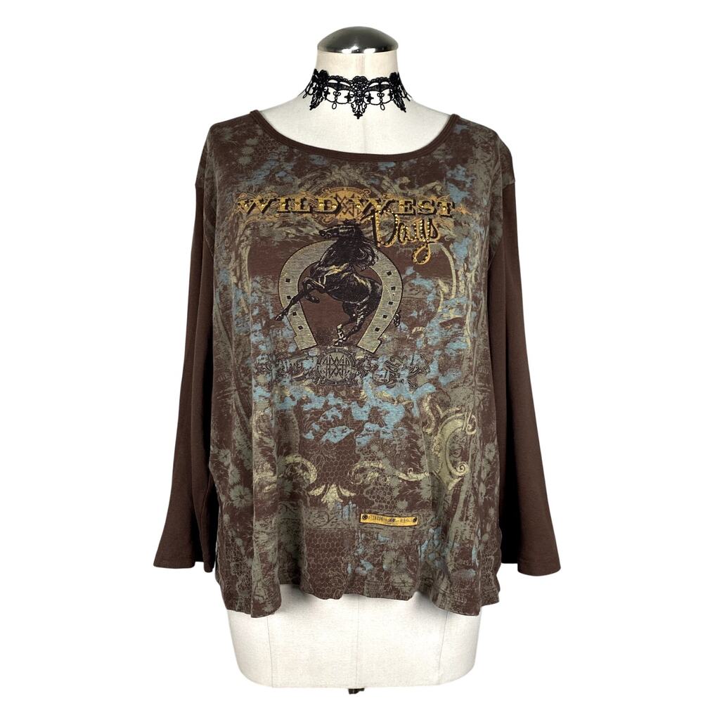 Vtg Y2K Susan Lawrence Western Grunge Rhinestone Whimsigoth Long Sleeve Top 2XL